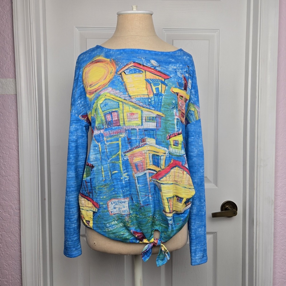 Leoma Lovegrove Caution Manatee Area Tie Front Shirt‎ Size S Colorful Florida